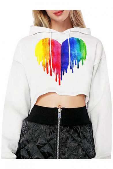 Novelty Long Sleeve Colorful Heart Printed Chic White Hooded