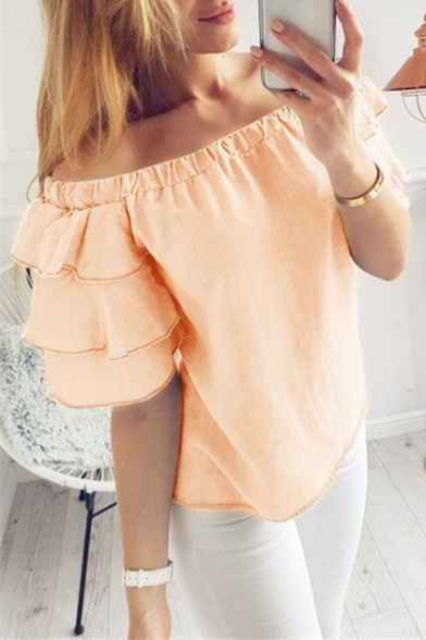 Sexy Off The Should Short Sleeve Ruffle Detail Leisure Tee