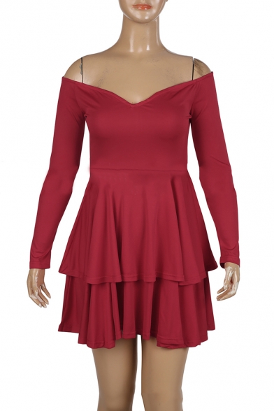Sexy Long Sleeve V Neck Plain Party Evening Red Mini A-Line Dress