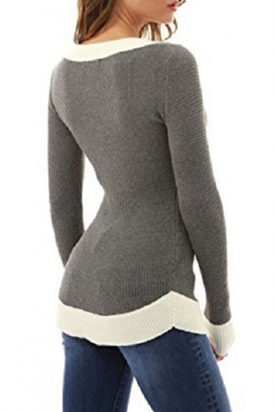 Sexy V Neck Long Sleeve Contrast Trim Slim Sweater