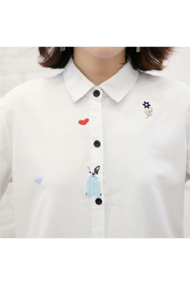Simple Cartoon Embroidered Long Sleeve Lapel Collar Loose Fitted Button Down Tunic White Shirt
