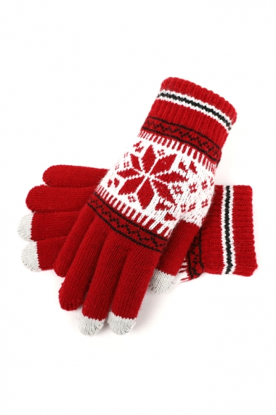 Snowflake Printed Warm Touchscreen Knit Thick Cycling Gloves for Couple