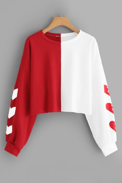 Trendy Heart Printed Long Sleeve Colorblock Two-Tone Casual Loose Cropped Sweatshirt