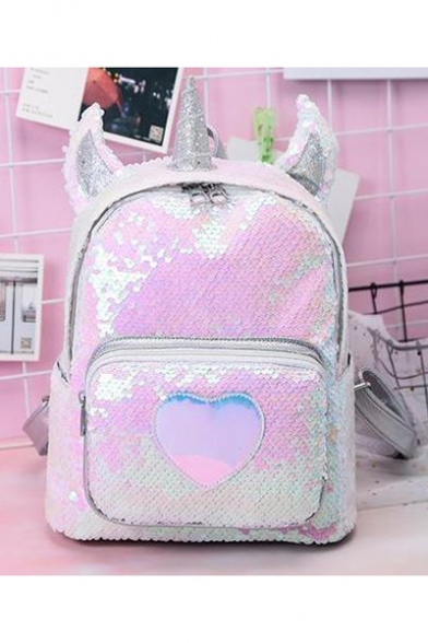 Unicorn Pattern Zippered Sequined Reflective Sweetheart Backpack Bag for Ladies