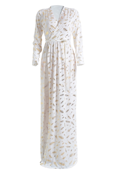 Unique Gold Feather Printed Long Sleeve Surplice V-Neck Tied Waist Split Front Maxi White Evening Dress