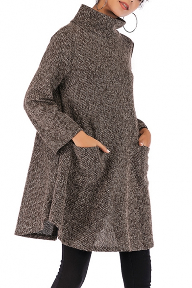 Warm Long Sleeve Mock Neck Plain Oversize Sweater with Pockets