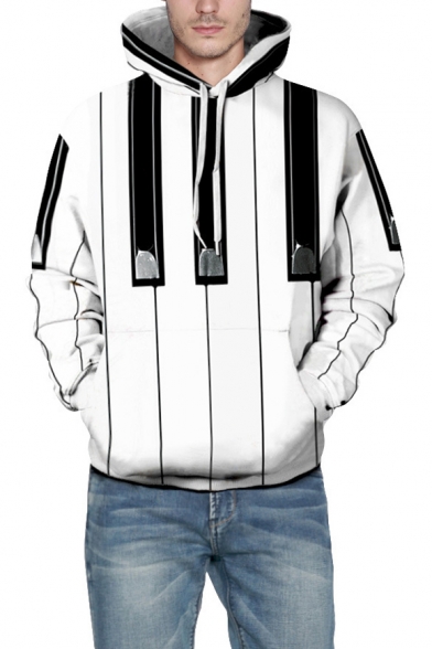 White 3D Piano Vertical Striped Printed Long Sleeve Relaxed Unisex Hoodie
