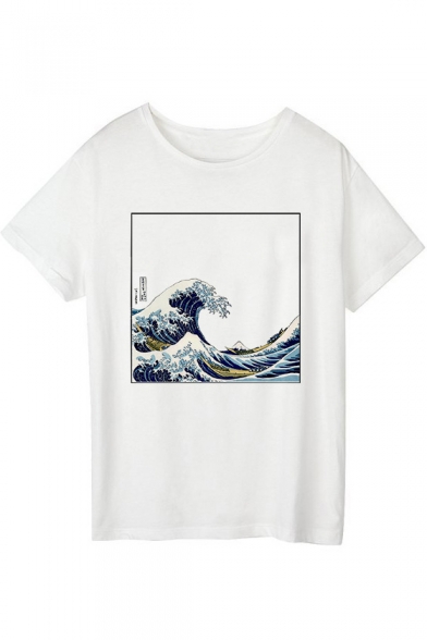 White Crewneck Short Sleeve Wave Fresco Pattern White Casual T-Shirt