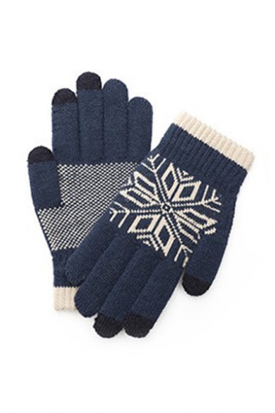 Winter Plush Warm Knit Snowflake Printed Touchscreen Full Fingered Driving Gloves