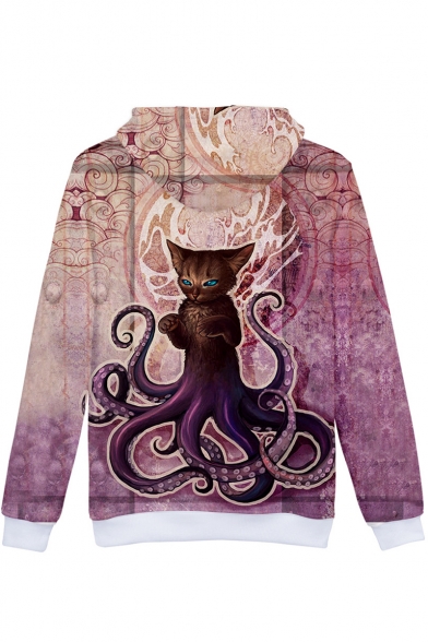 Winter's Long Sleeve 3D Animal Cat Octopus Printed Leisure Purple Hoodie
