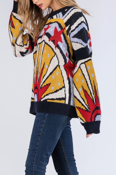 Winter's Vintage Colorblock Pattern Round Neck Long Sleeve Casual Cozy Yellow Sweater