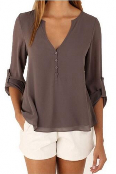 Women's Burgundy Solid V-Neck Cuffed Sleeve Button Placket Pullover Blouse