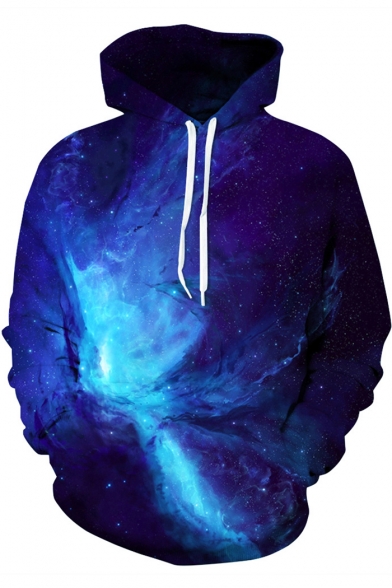 Blue 3D Galaxy Pattern Long Sleeve Loose Fitted Casual Unisex Hoodie