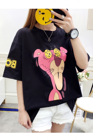 Cartoon Pink Panther Printed Round Neck Short Sleeve Oversized T-Shirt