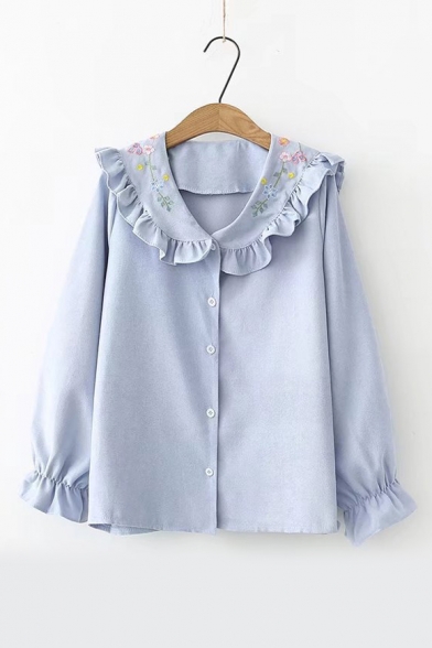 

Chic Floral Embroidered Collar Ruffle Hem Long Sleeve Button Front Shirt, Blue;white