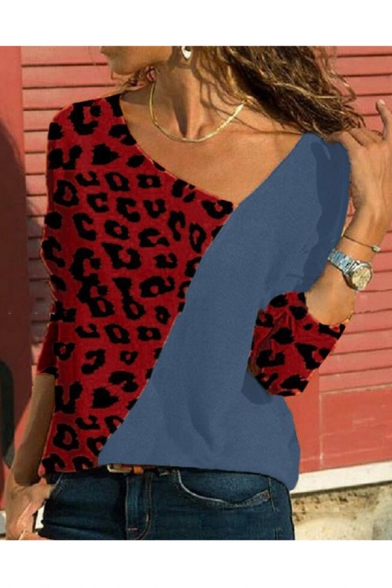 Colorblock Leopard Printed 3/4 Length Sleeve Fashion Asymmetrical Neck Tee