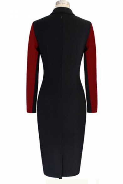 Colorblock Long Sleeve Lapel Collar Button Front Midi Bodycon Red Dress