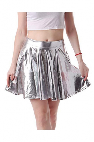 Cool Street Style Elastic Waist Faux Leather Plain Mini A-Line Skirt