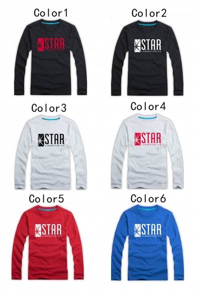 Cotton Long Sleeve Round Neck Letter STAR Printed Leisure Tee