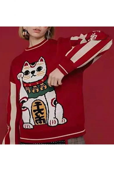 Cute Cartoon Cat Printed Long Sleeve Round Neck Red Thick Sweater