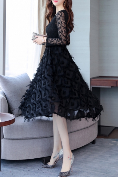 Elegant Black Feather Embellished Scoop Neck Long Sleeve Belted Fit & Flare Dress