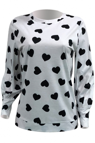 Fancy All Over Heart Pattern Round Neck Long Sleeve Pullover Cotton T-Shirt
