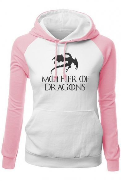 Fashion Colorblock Letter MOTHER OF DRAGONS Printed Long Sleeve Fitted Hoodie