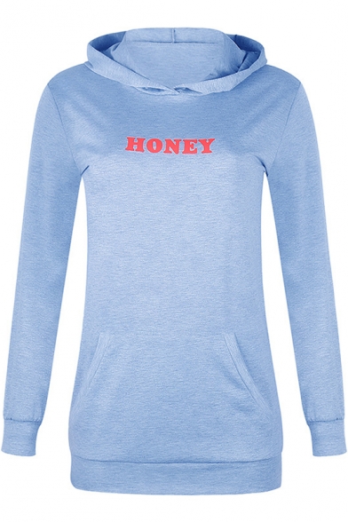 Fashion Letter HONEY Printed Long Sleeve Relaxed Tunic Hoodie