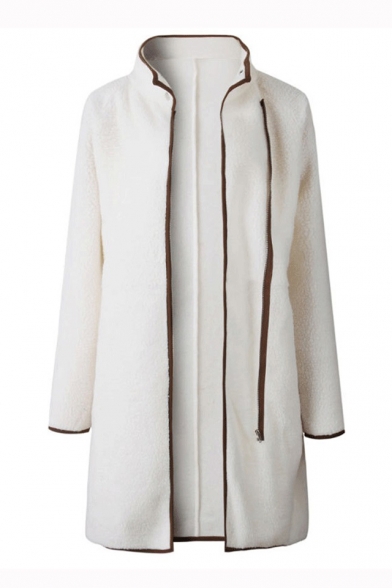 Fashion Long Sleeve Stand Collar Contrast Trim Zip Embellished Tunics Coat
