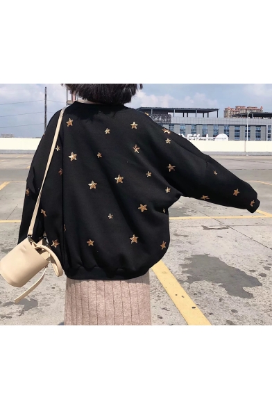 Fashion Star Sequined Embroidered Long Sleeve Crew Neck Loose Black Sweatshirt