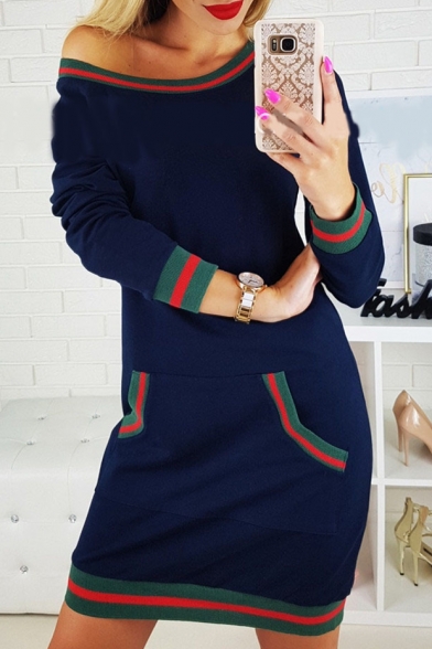 Fashion Stripe Print Kangaroo Pocket Round Neck Long Sleeve Sweatshirt Dress
