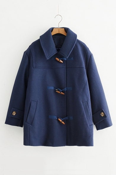 

Fresh Long Sleeve Lapel Collar Toggle Tunics Warm Plain Woolen Coat, Khaki;navy, LC496081