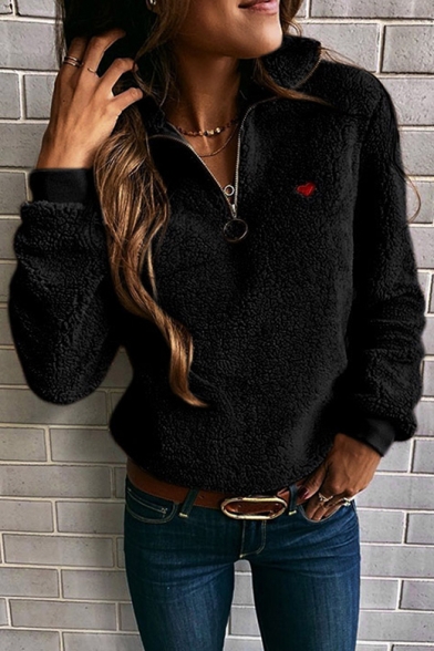 Heart Embroidered Long Sleeve Half Zip Embellished Fleece Sweatshirt
