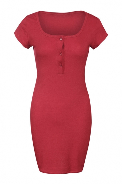 Hot Style Short Sleeve Scoop Neck Button Front Mini Bodycon Dress