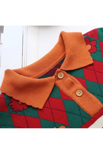 Lapel Collar Button-Embellished Geometric Letter A PERFECT DAY Printed Long Sleeve Leisure Orange Tunics Sweater