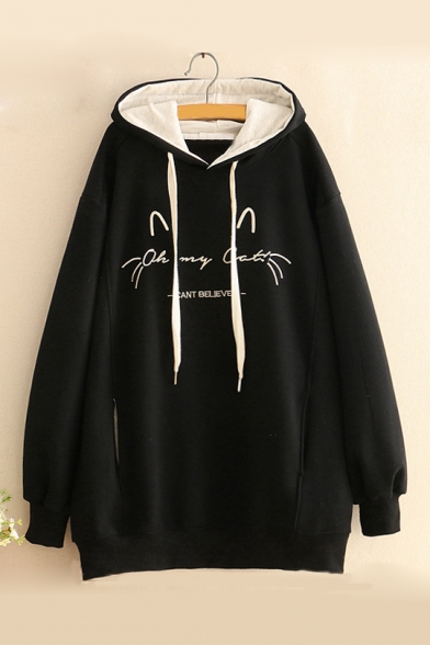 Long Sleeve Cartoon Cat Letter Embroidered Warm Leisure Hoodie