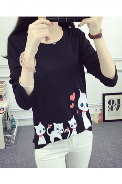 Lovely Cartoon Cat Heart Printed Round Neck Long Sleeve Casual Loose T-Shirt