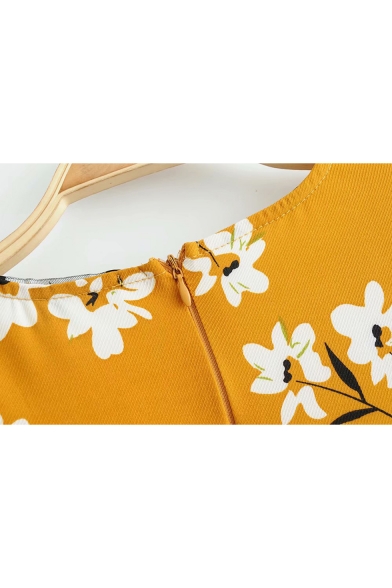 Lovely Short Sleeve V Neck Floral Printed Ruffle Hem Mini A-Line Yellow Dress