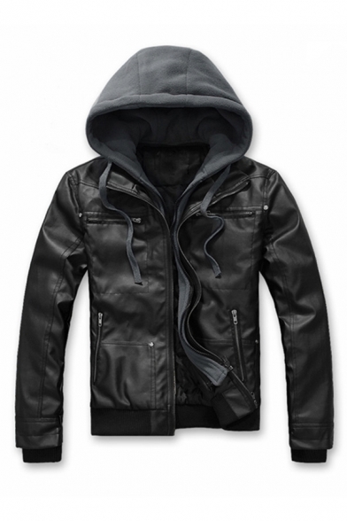 Men's Black Hood Patchwork Long Sleeve Zip Placket Slim Fitted PU Coat