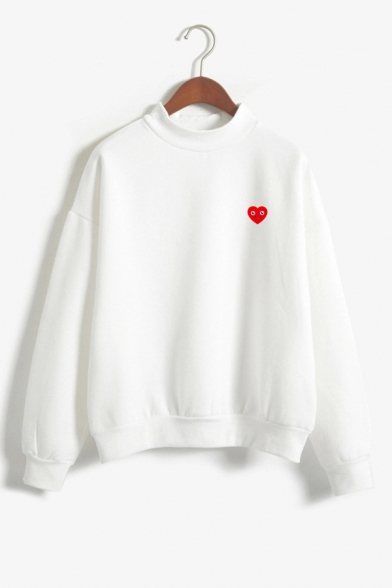 Mock Neck Heart Printed Long Sleeve Loose Sweatshirt