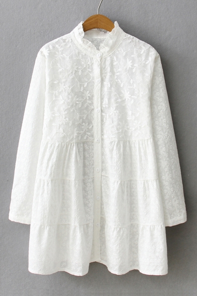 New Arrival Ruffle Hem Chic Embroidered Stand Collar Long Sleeve Button Front White Shirt