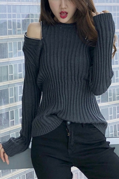 New Arrival Unique Zip Closure Cold Shoulder Long Sleeve Solid Loose Fitted Sweater