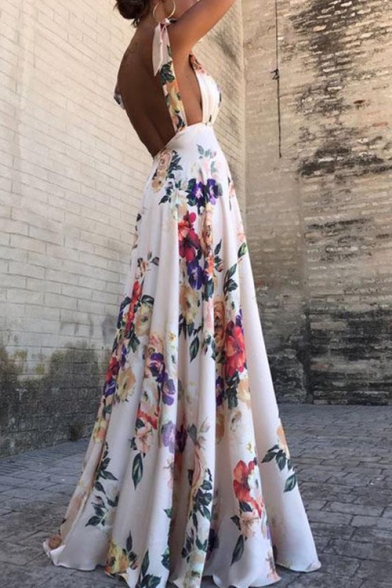 New Stylish Open Back Floral Printed V ...