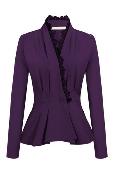 New Trendy Lace-Trimmed Lapel Collar Long Sleeve Single Button Front Slim Fitted Blazer