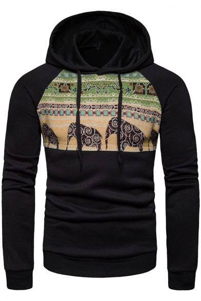 Popular Black Elephant Print Long Sleeves Pullover Hoodie for Men