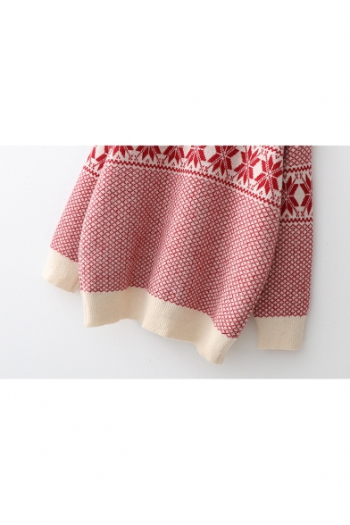 Retro Cozy Long Sleeve Round Neck Plaid Jacquard Relaxed Sweater for Girls