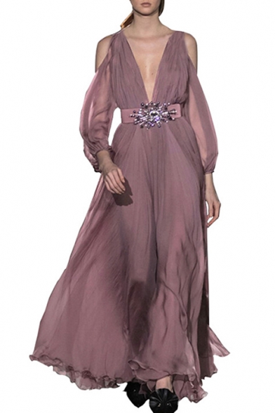 Retro Style Cold Shoulder Lantern Sleeve Plain Plunge V Neck Beaded Embellished Maxi Chiffon Pink Dress