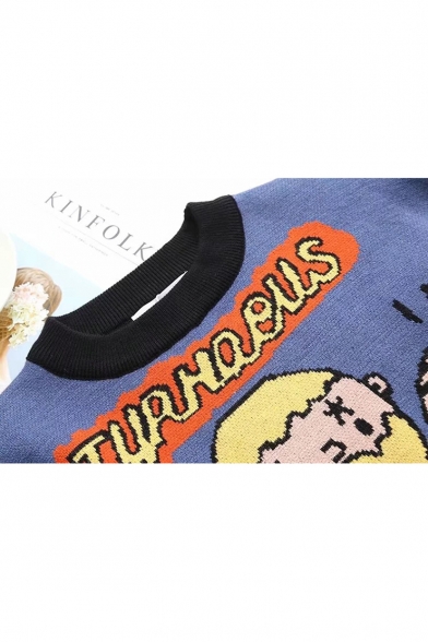 Round Neck Long Sleeve Cartoon Character Letter Printed Warm-Up Knit Sweater