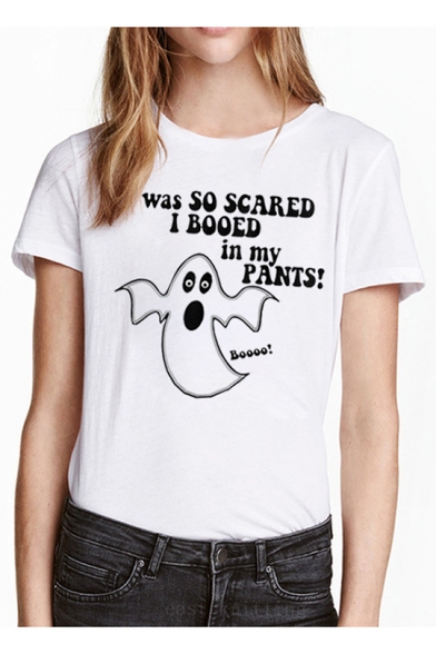 Summer White Round Neck Short Sleeve Letter Ghost Printed Cotton T-Shirt