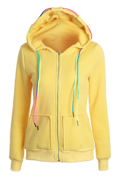 

Trendy Yellow Zip Closure Colorful Drawstring Front Pockets Long Sleeve Hoodie, Black;green;rose red;light blue;yellow, LC497138